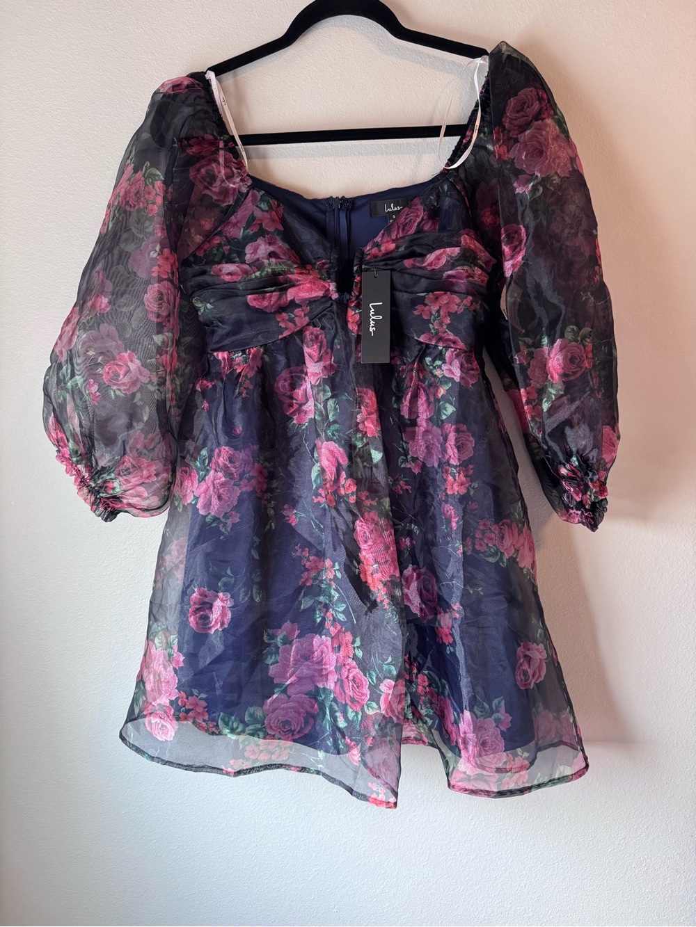 Lulu's Black Floral Bow Front Puff Dress